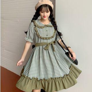 Ruffle-trim Puff-sleeve A-line Dress Green - One Size