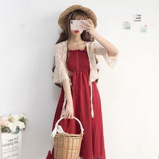 Elbow-sleeve Midi A-line Dress / Light Jacket