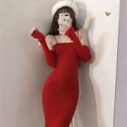 Spaghetti Strap Knit Mini Dress / Arm Sleeves / Fluffy Headband