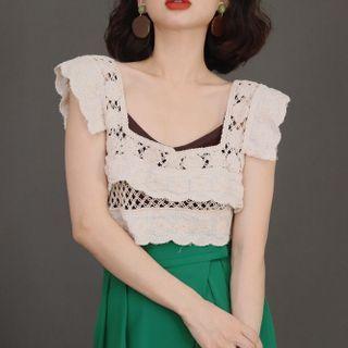 Sleeveless Square-neck Pointelle Knit Top Milky White - One Size