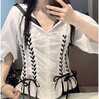 Lace Up Elbow-sleeve Blouse White - One Size