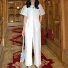 Plain Single-breasted Crew-neck Short-sleeve Jumpsuit