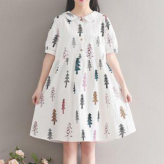 Tree Print Short Sleeve Collared Dress