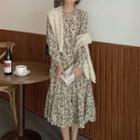 Puff-sleeve Leopard Print Midi A-line Dress Fleece Lined - Almond - One Size