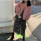 Faux Fur Jacket / Long-sleeve Turtle-neck T-shirt / Floral Midi A-line Dress
