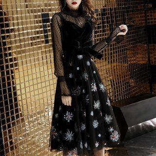 Set: Long-sleeve Mesh Top + Sleeveless Velvet Panel Embroidered Midi Evening Dress