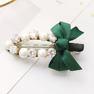 Rhinestone Faux Pearl & Bow Hair Clip 2480 - Green - One Size