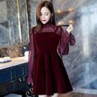 Set: Mock-neck Lace Long-sleeve Top + Velvet Spaghetti Strap Dress