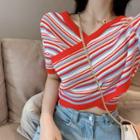 Striped Short-sleeve Knit Top Red - One Size