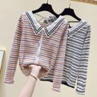 Lace Collar Striped Long-sleeve Top