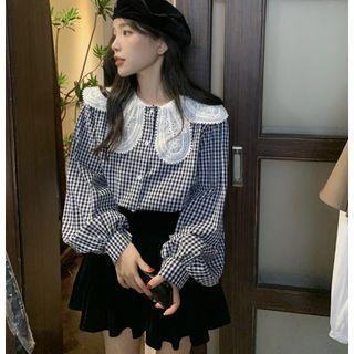 Long-sleeve Eyelet Lace Check Blouse Black & White - One Size