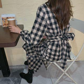 Plaid Tie-waist Midi Dress Plaid - Black & White - One Size