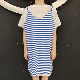 Set: Short-sleeve Sheer T-shirt Dress + Strappy Striped Dress