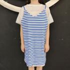 Set: Short-sleeve Sheer T-shirt Dress + Strappy Striped Dress