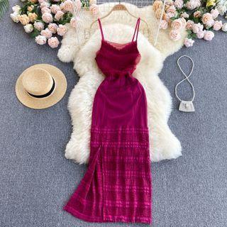 Plaid Panel Slit Spaghetti-strap Dress
