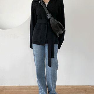 Wool Blend Rib-knit Cardigan With Sash Black - One Size