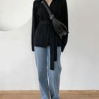 Wool Blend Rib-knit Cardigan With Sash Black - One Size