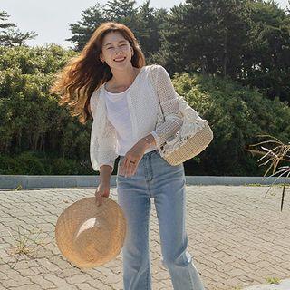 Round-neck Punched Cardigan White - One Size