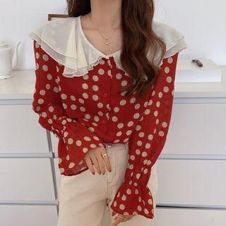 Bell-sleeve Collared Dotted Blouse
