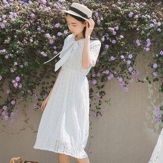 Short-sleeve Bow Neck A-line Midi Dress