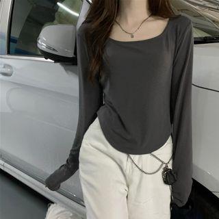 Long-sleeve Round-neck Slit Plain Top