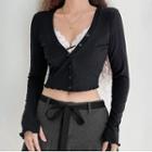 Long Sleeve Mock Two Piece Lace-panel Ribbed-knit Crop Top