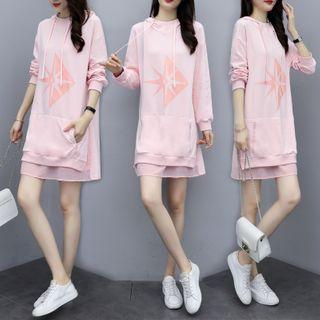 Printed Hooded Long-sleeve Shift Dress