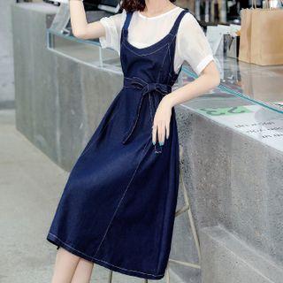 Short-sleeve See-through Blouse / Sleeveless Denim Midi Dress