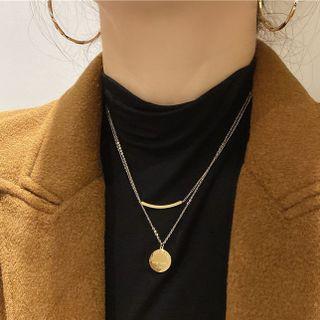 Disc Pendant Layered Stainless Steel Necklace 1pc - Gold - One Size