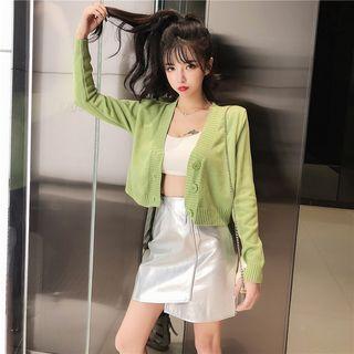 Set: V-neck Cardigan + Faux Leather Mini A-line Skirt