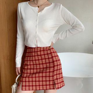 Plain Cardigan / Plaid Mini Straight-fit Skirt