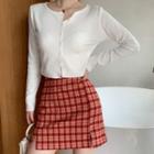 Plain Cardigan / Plaid Mini Straight-fit Skirt