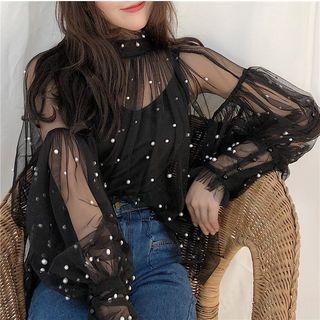 Faux-pearl Mesh Long-sleeve Top / High Waist A-line Skirt