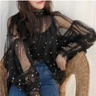 Faux-pearl Mesh Long-sleeve Top / High Waist A-line Skirt