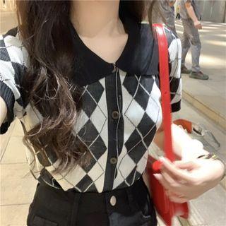 Short-sleeve Argyle Knit Top / Side-slit Mini Pencil Skirt