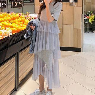 Short-sleeve Mesh Layered Midi A-line Dress