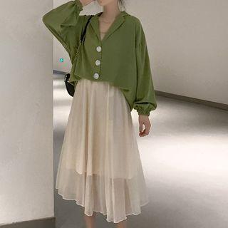 Set: Puff-sleeve Shirt + A-line Midi Skirt