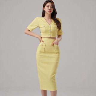 Set: Short-sleeve Cropped Blouse + Pocket Detail Midi Pencil Skirt