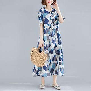Short-sleeve Geometric Print Drawstring Midi A-line Dress