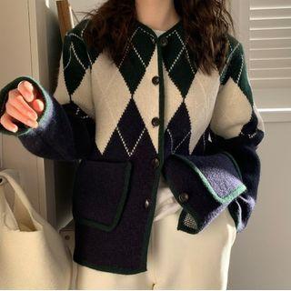 Argyle Cardigan Green & White & Dark Blue - One Size