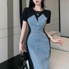 Short-sleeve Two-tone Maxi Bodycon Dress
