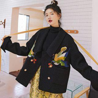 Embroidered Ribbon Lace-up Woolen Jacket