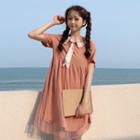 Sailor Collar Short-sleeve Mesh Overlay Mini A-line Dress Brick Pink - One Size