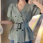 V-neck Plaid Double-breasted Short-sleeve Blouse