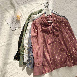 Polka Dot Ribbon Lace-up Long-sleeve Blouse