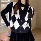 V-neck Contrast Argyle Knit Vest / Long-sleeve Plain Sweater / Plain Velvet A-line Skirt