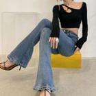 Washed Bootcut Jeans / Long-sleeve Cutout Chained Crop Top