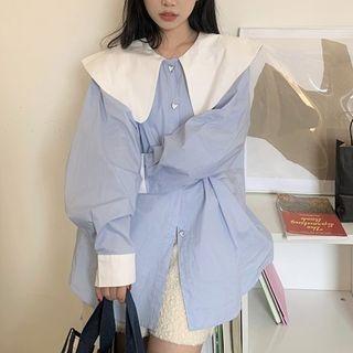 Long-sleeve Two-tone Loose-fit Blouse Blue - One Size