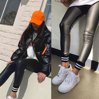 Faux-leather Brushed-fleece Lined Leggings Black - One Size