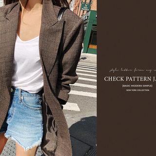 Plaid Peaked-lapel Single-breasted Blazer Brown - One Size